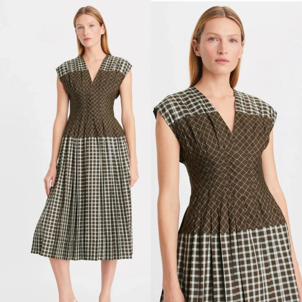 Tory Burch Sz 4 Plaid 100% Silk V Neck Claire McCardell Pleated Midi Dress